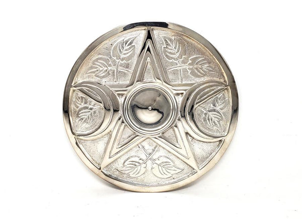 9" Triple Moon Pentagram Silver Plated Altar Tile