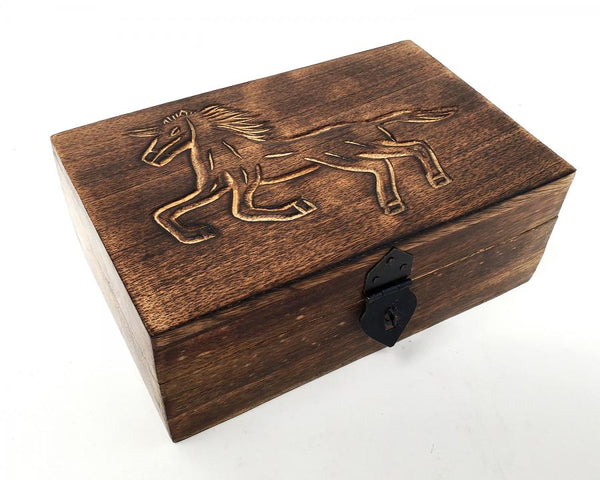 Unicorn Carved Wooden Box with Latch 5x8"
