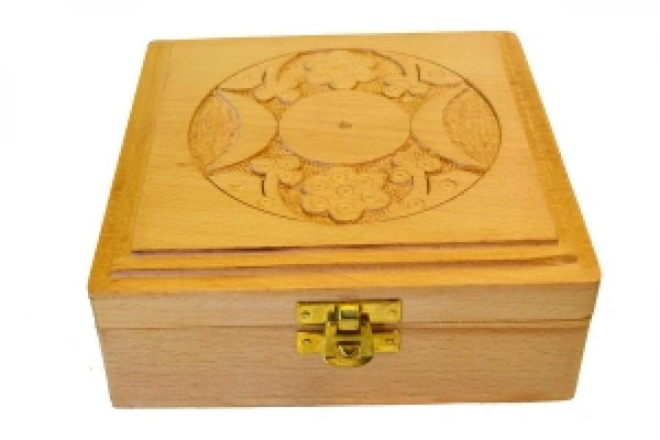 Triple Moon Carved Tan Wood Box 6x6"