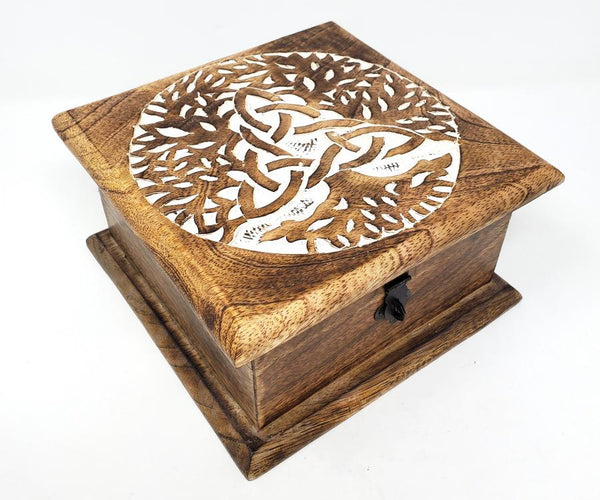 Triquetra Tree of Life Carved Wooden Box with Latch 7x7"